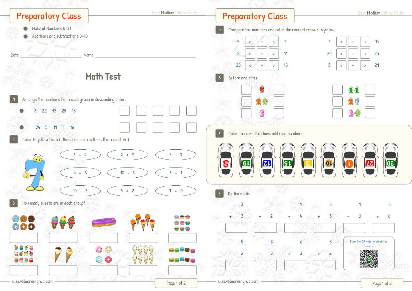 Math Test Class Math Test. Preparatory Class. Natural Numbers 0-31. Additions and ...